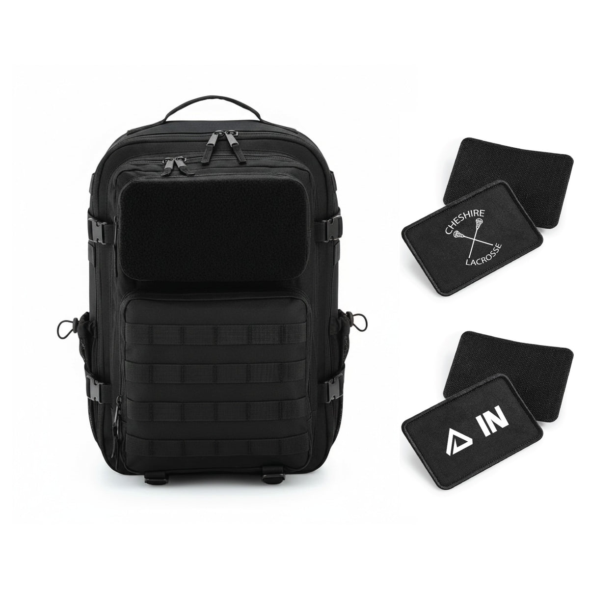 Cheshire Lacrosse Tactical Backpack with logo and initials patches